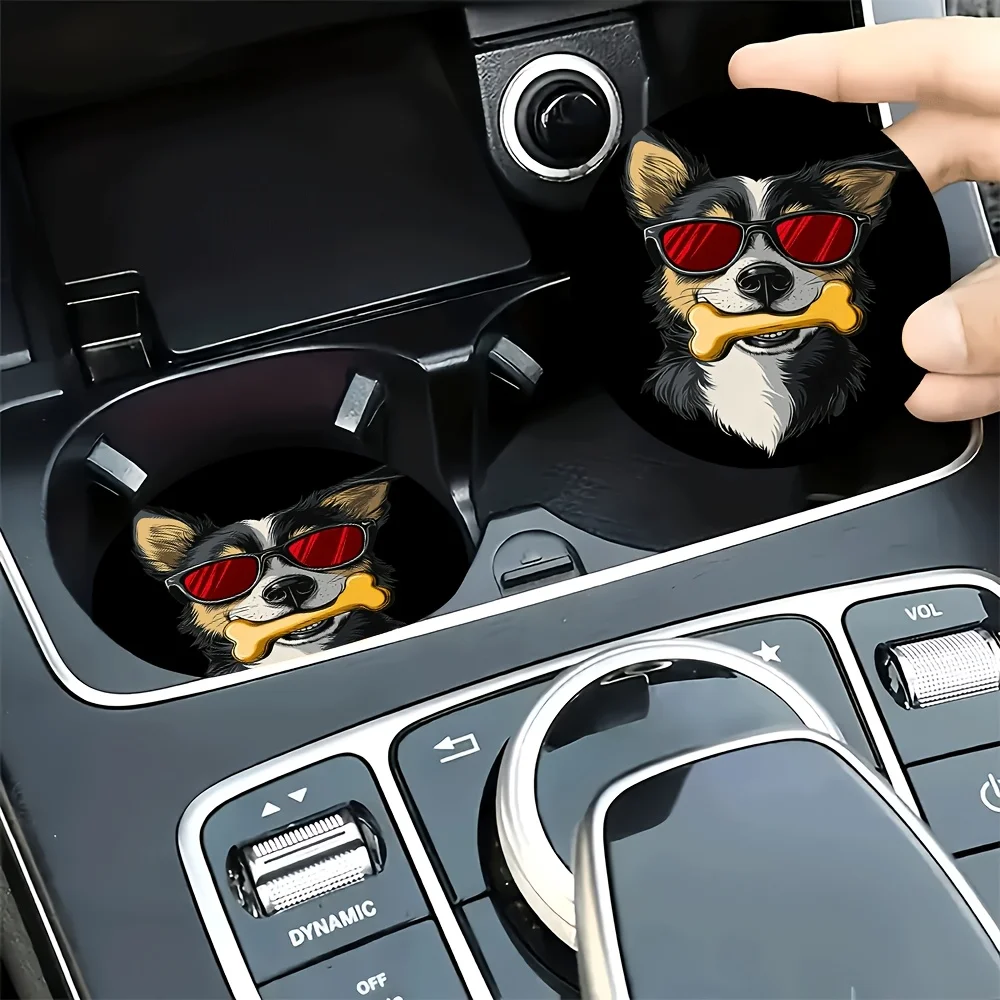 2pcs Cool Dog Bone With Red Glasses Themed Printed Car Coasters - Durable Non-Slip Car Cup Holders Featuring Cute And Stylish De