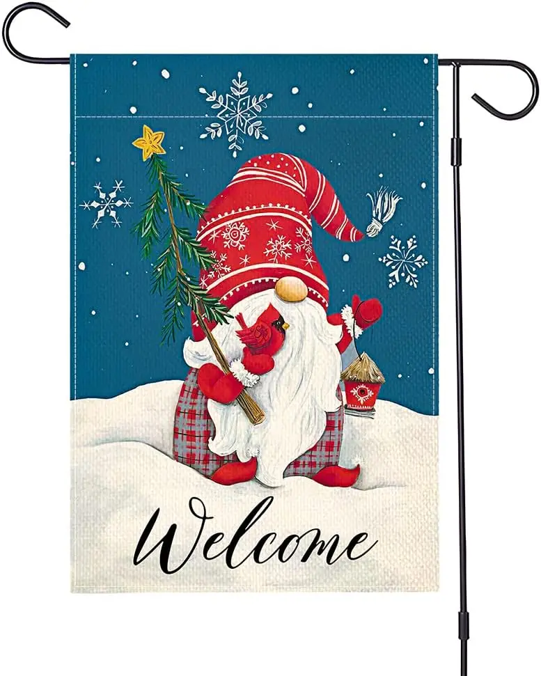 OTOSTAR Welcome Winter Gnome Snowflakes Garden Flag 12x18 Double Sided Red Snowflake Hat Decorative House Yard Outdoor Burlap Fl