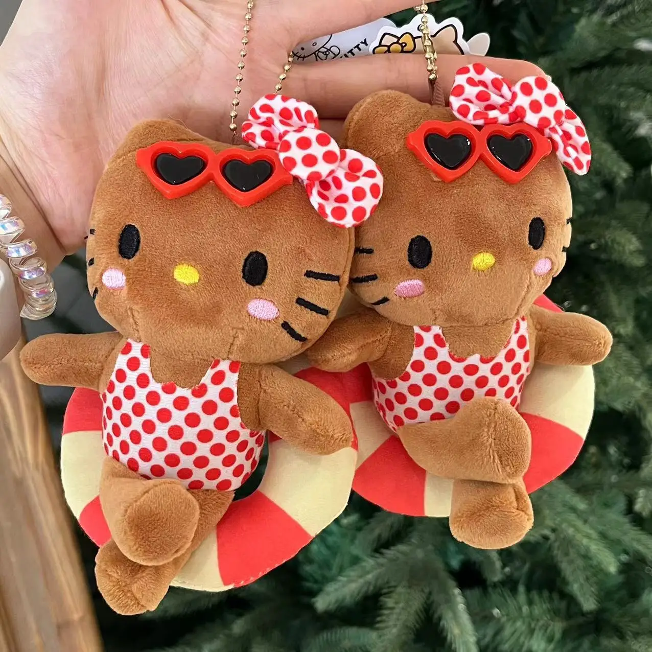 Hello Kitty Cute Black Skin Kt Cat Polka Dot Plush Doll Kawaii Swimming Circle Toy Fluffy Keychain Pendant Periphery Gift