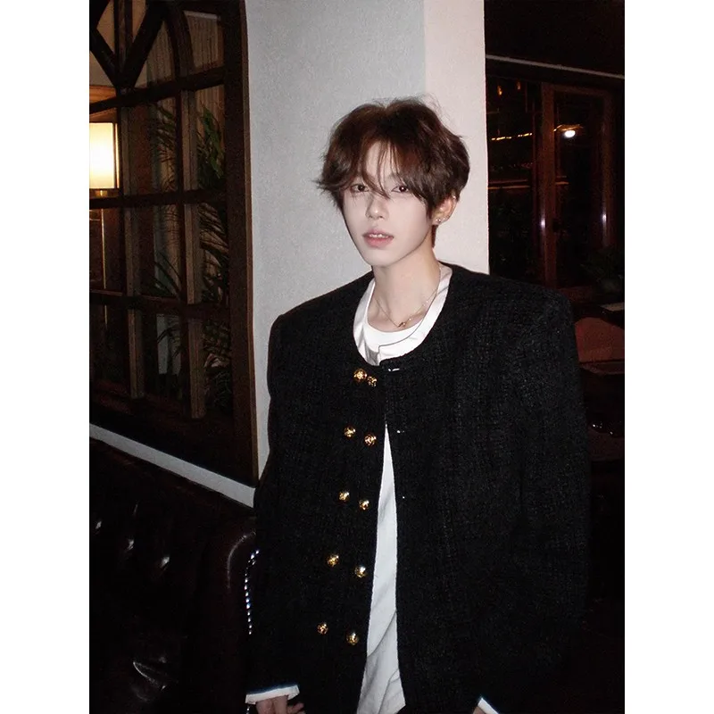 

Plaid Double-Breasted Men's Jaet Loose Fit Faionable Splicing Design Casual round Ne Polyester Fiber Coat