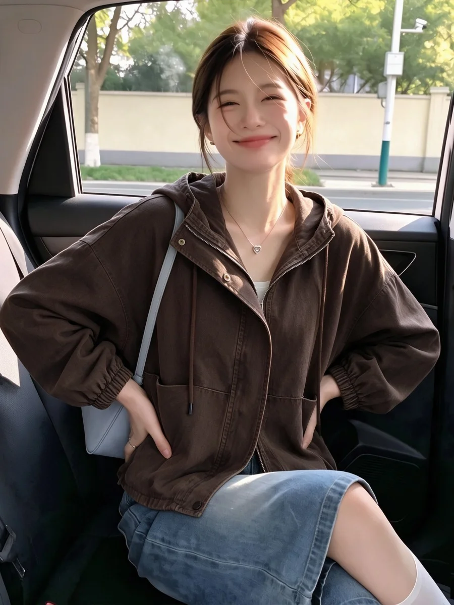 Retro Washed Hooded Jacket Women's Design Spring New Loose Fit Short Outerwear Cotton Commute Style Zipper Decorated Long Sleeve
