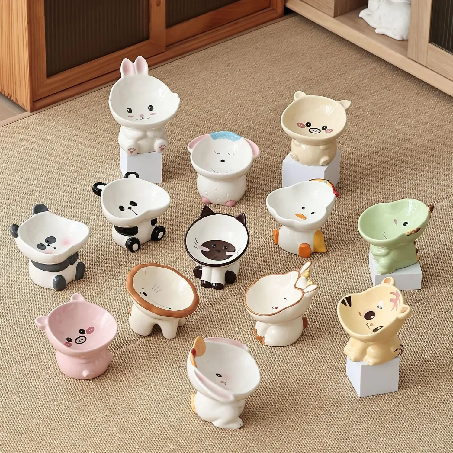 Bonito dos desenhos animados série animal cerâmica gato tigela pé alto tigela de comida pescoço proteção comer gato beber água cão tigela arroz