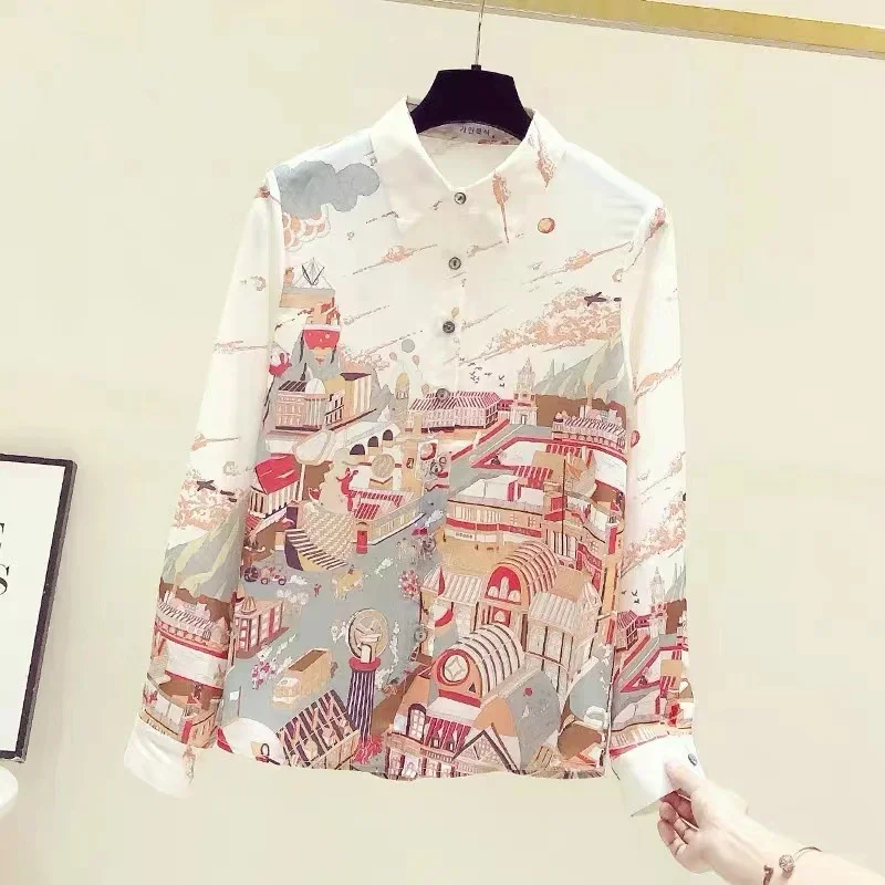 S-3XL Orange White Print Spring Summer Shirts for Women Tops Korean Style Casual Long Sleeved Shirt blusas de mujer