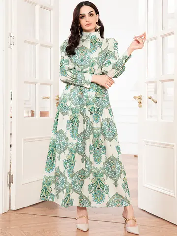 Elegant style High collar Flowers Belt Shirt sleeve Mid Long Dresses Mint green Dresses