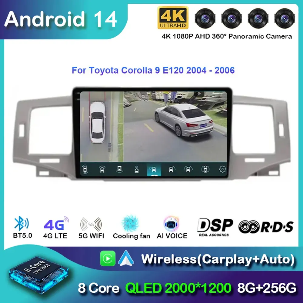 

Автомагнитола на Android 14 для Toyota Corolla 9 E120 2004-2006, мультимедийный проигрыватель, навигация, стерео, GPS, автоголовное устройство, № 2 Din, DVD