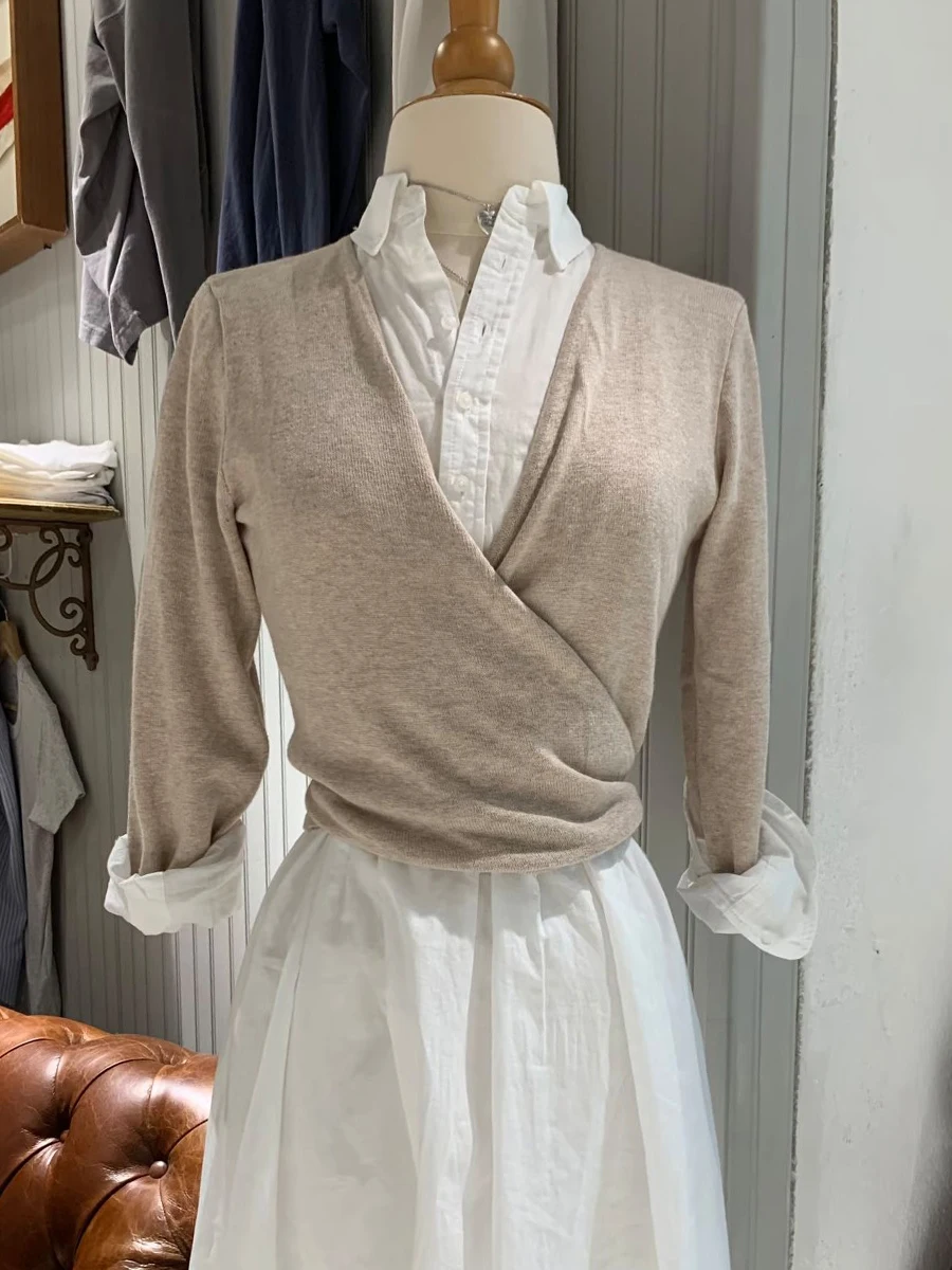 Oatmeal Long Sleeve T-shirt Cardigan Woman Autumn Lace-up Three Quarter Sleeve Cotton Smock Solid Elegant Wrap Tee New Crop Tops