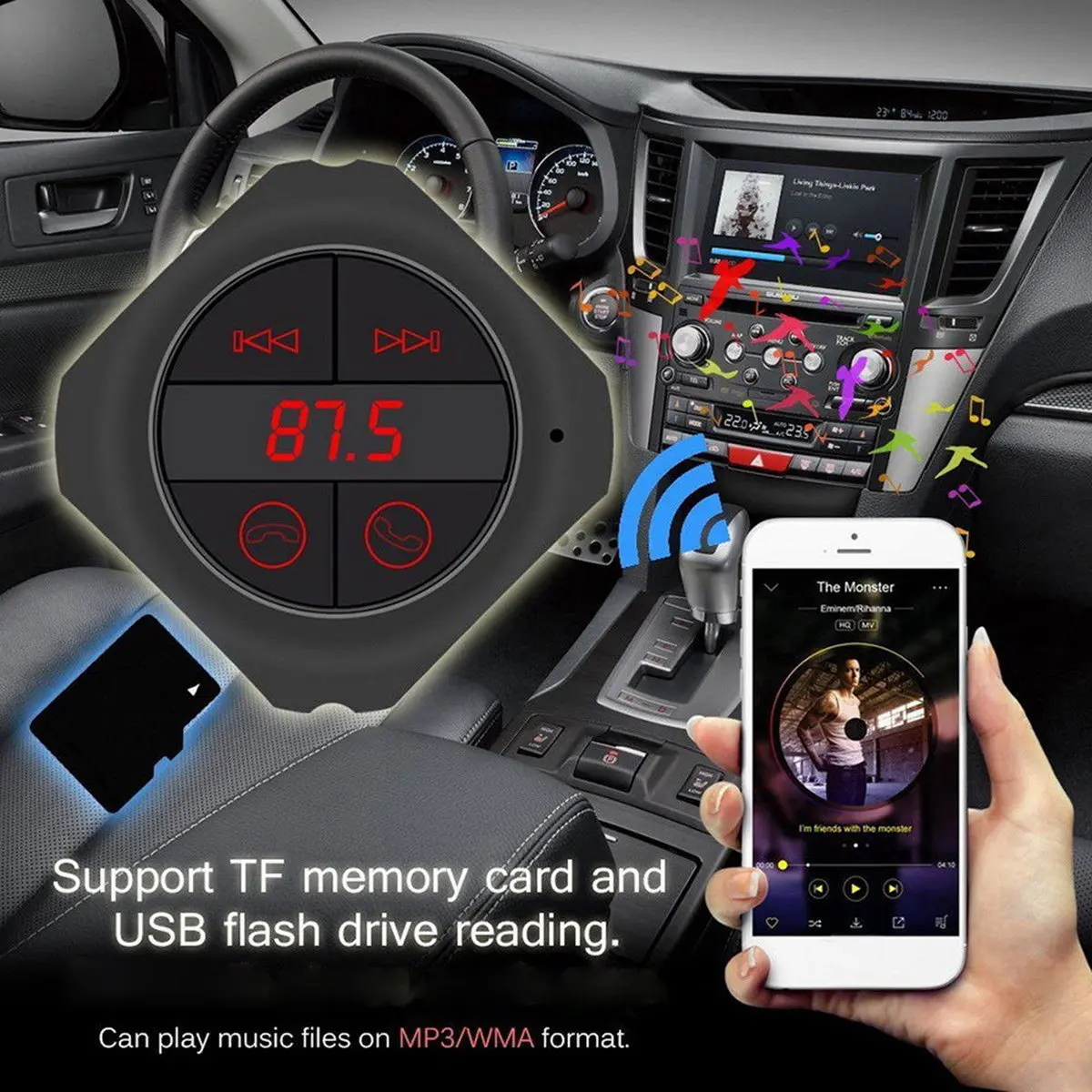 

Автомобильный MP3-трансмиттер с двойной USB-зарядкой, AUX-входом, кардридером, поддержкой USB-накопителей, функцией громкой связи и голосовой навигацией, аудиоустройство