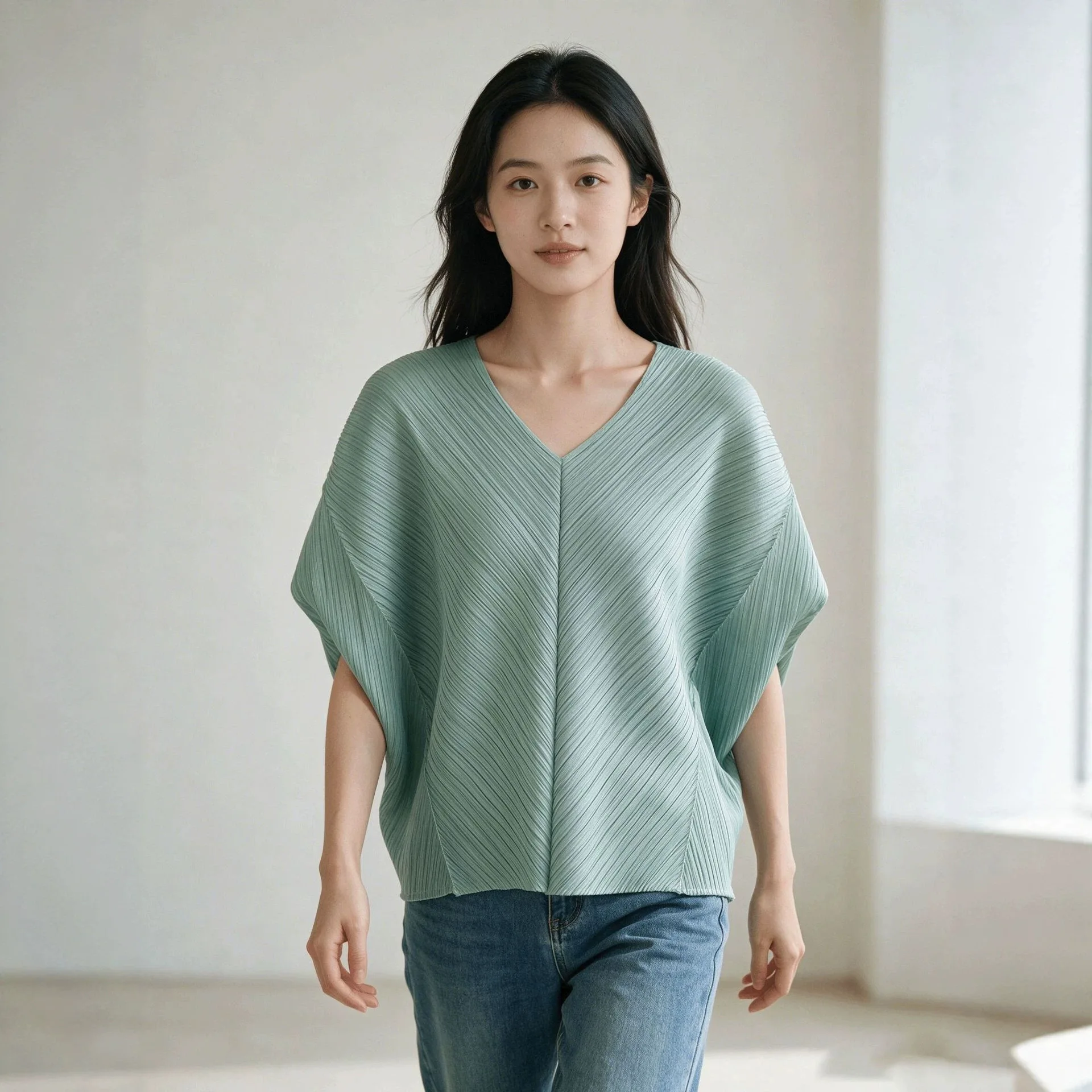 Miyake Pleated Women's Textured Cape Top V Neck Batwing Sleeve Loose Irregular Hem Stretch Summer Layering T-shirt
