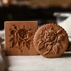 Wood Cookie Stamp Easy To Clean 3.54*3.54*0.98 Inch Wooden Mold Biscuit Press Stamp Rose Cookie Mold Restaurant