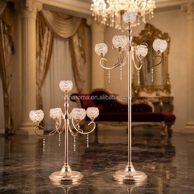 Luxury Gold Crystal Candelabra Floor Standing Candle Holder 5 Arm Metal Tall Candelabrum for Wedding Centerpieces Home Decor