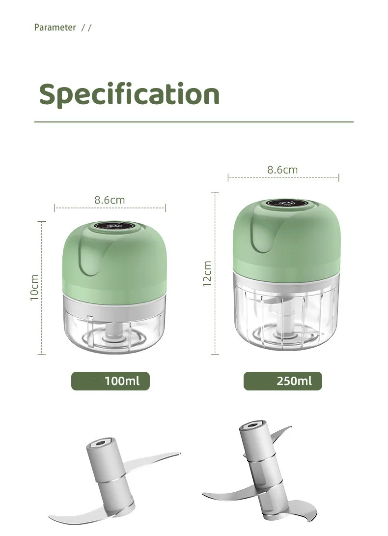 미니 전기 마늘 다지기 야채 고추 고기 생강 다지기, 튼튼하고 내구성 있는 USB 충전 블렌더 가정용 100/250mL