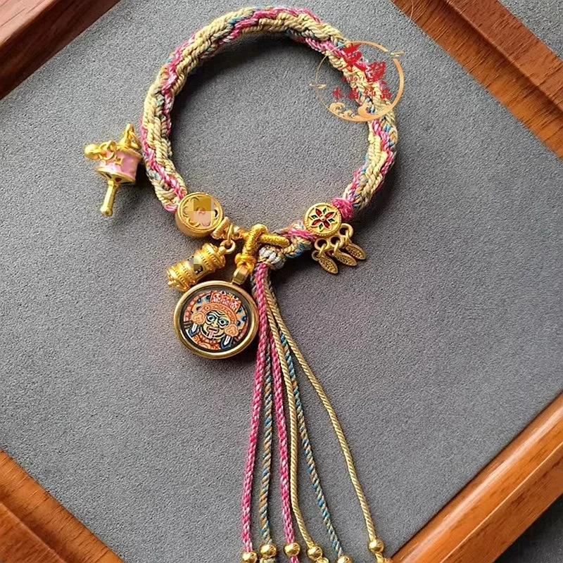 

Tibetan Style Bracelet Zha Jilam, Zodiac Year Lucky Charm Powder Thangka Dream Catcher Reincarnation Braided Rope Wutai Unisex