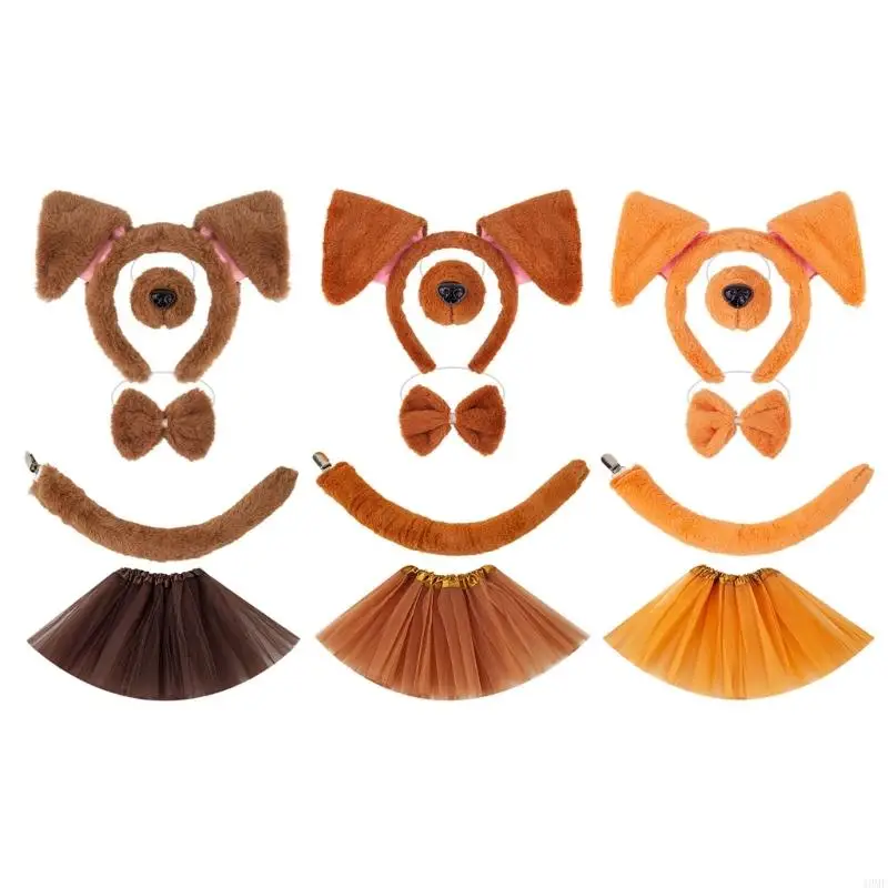 

49MF 1/4/5 Pcs Dog Costumes Set Dog Ears Headband Tail Tutu Skirt for Kids Girls Halloween Christmas Animal Cosplay Props