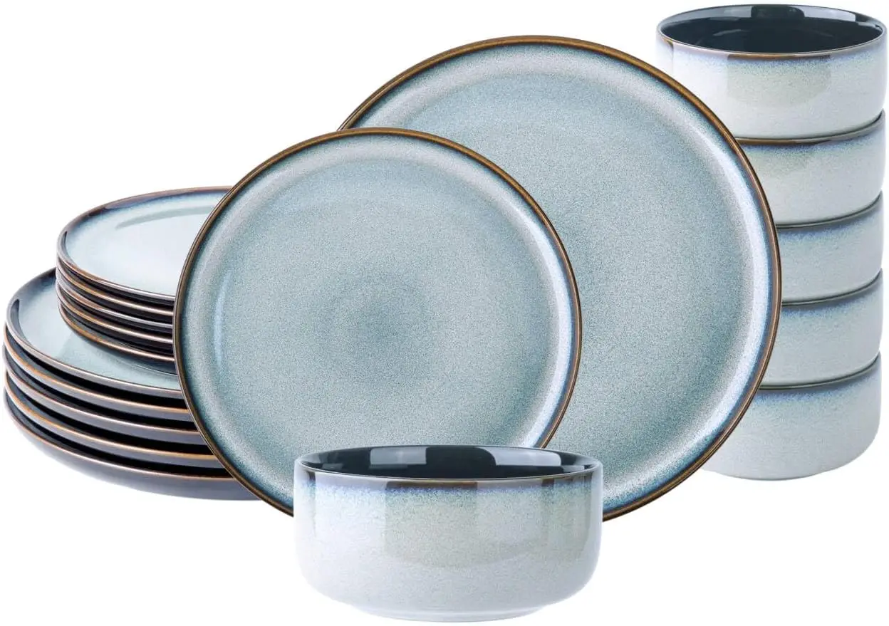 Juegos de vajilla de cerámica para 6, juegos de platos y cuencos de porcelana, juego de platos de esmalte reactivo hecho a mano, resistente a las astillas y a los arañazos