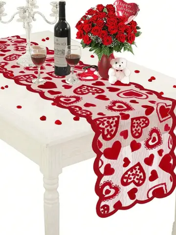 1Pc Valentine's Day Heart Lace Table Runner, Red Romantic Tablecloth, Wedding Engagement Table Decor, Proposal Party Decoration