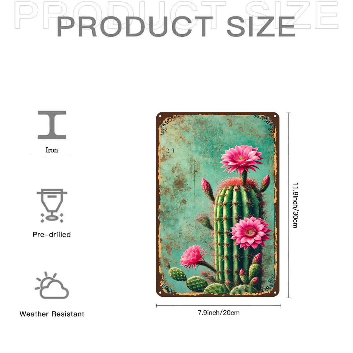 Rustic Cactus Flower Art Printmetal Iron aluminum Sign, Pre-Drilled Holes, Suitable for Indoor, Garden, Outdoor, Home, Office