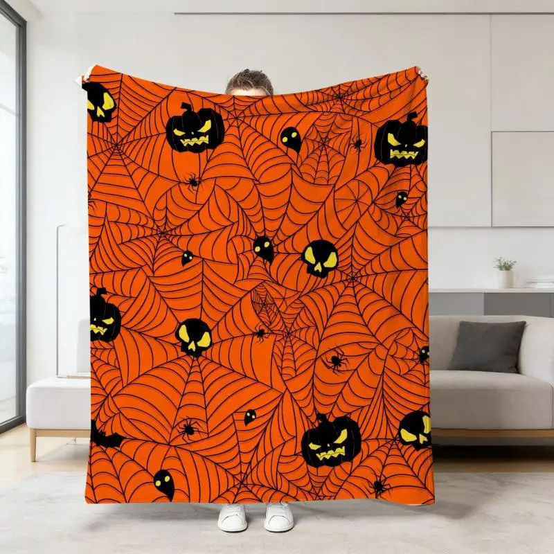 Halloween-Orange-Deckenbezug mit Cartoon-Geister- und Totenkopf-Druck, Flanell-Schlafdecke, Sofabezüge, Multifunktionale Dekorative Decken – Detail 15