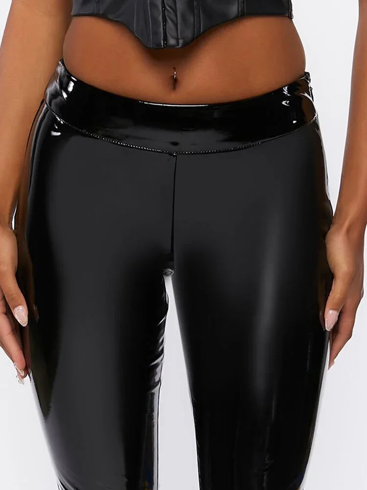 Women Mid Waist Faux Latex Pencil Pants Stretch Bodyocn Shiny Patent Leather Leggings Casual Slim PU Trousers Custom Clubwear