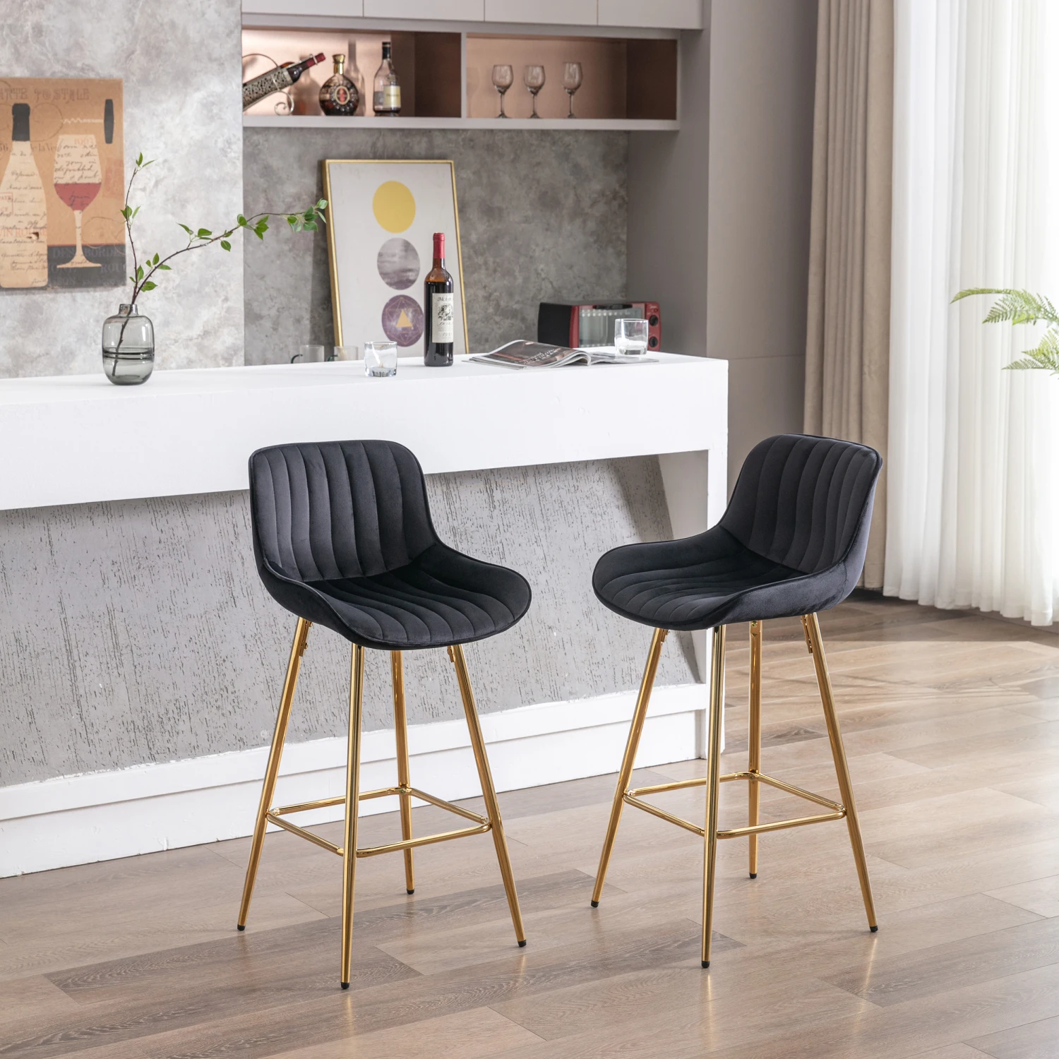 26 Inch Set of 2 Bar Stools,with Chrome Footrest Velvet Fabric Counter Stool Golden Leg Simple Bar Stool,BLACK