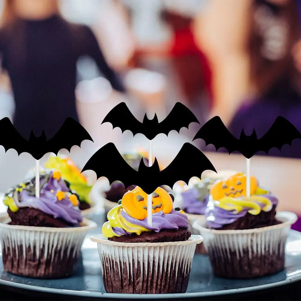 Halloween Cake Decorations Halloween Party Favors 12 Pcs Halloween Cupcake Toppers Set Black Spider Skull Bat for Birthdays