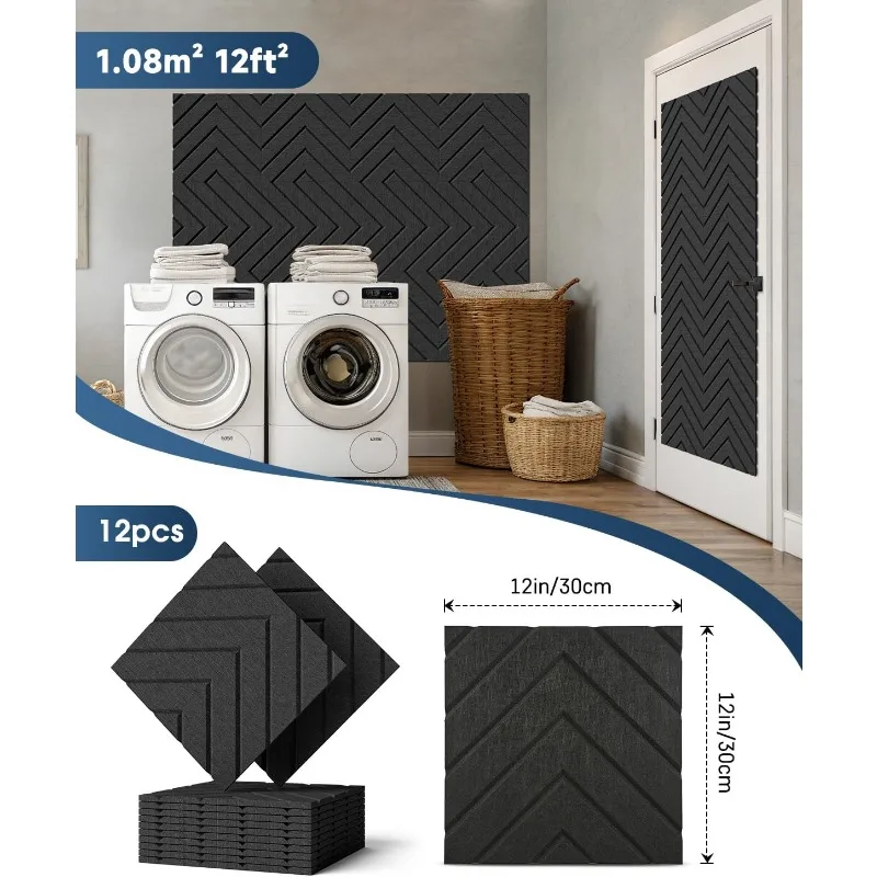Lot de 12 panneaux acoustiques auto-adhésifs 30x30x0,9 cm, haute densité, absorption acoustique, isolation phonique, décoration pour studio d'enregistrement, home cinéma, chambre, salon, podcast, espace de jeu, installation facile