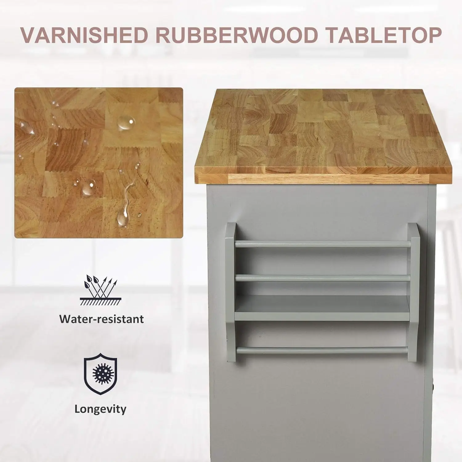 Kitchen Island on Wheels Rolling Cart, Rubberwood Top, Spice Rack, Toalheiro e gavetas para sala de jantar, Cinza, Novo