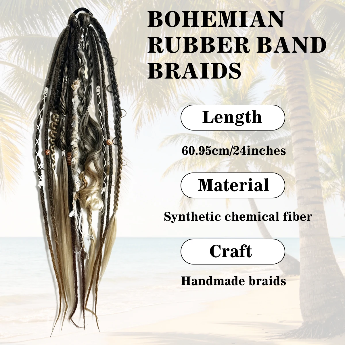 Ombre Ponytail Hair Tie Synthetic Extensions Bohemian Hippie Braided Hairpiece with Wooden Beads Tassel Decor For Women Daily