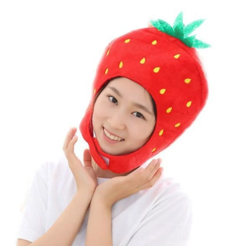 Japanese Sweet Women Girls Funny Strawberry Plush Hat Embroidery Fruits Hood Mask Party Cosplay Costume Photo Props Toys