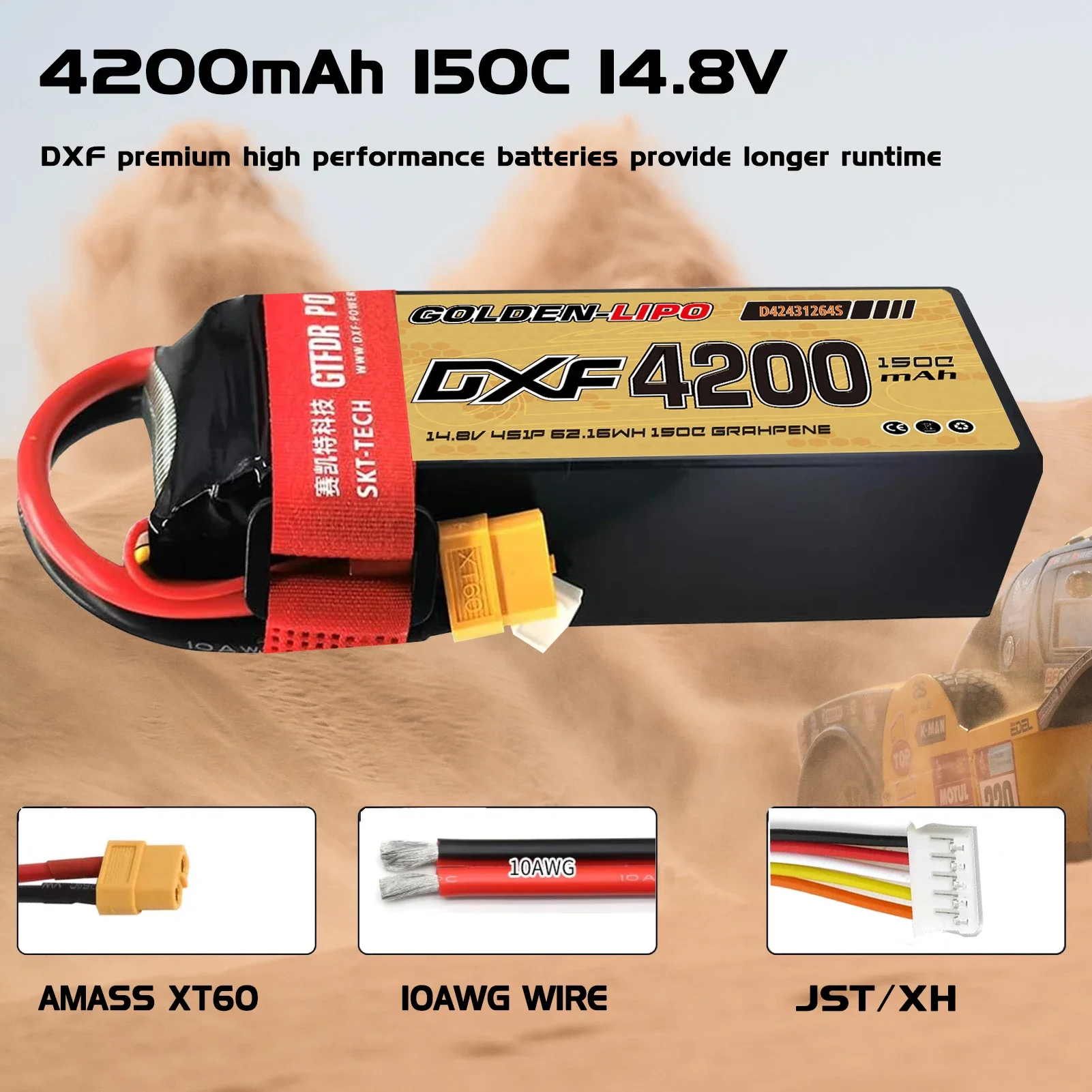 Akumulator DXF 4S Lipo 4200mAh 14.8V 150C z wtyczką XT60, obudowa z twardego tworzywa, do samochodów RC, buggy, truggy, pojazdów terenowych, łodzi, ciężarówek, samolotów, dronów, wyścigów.