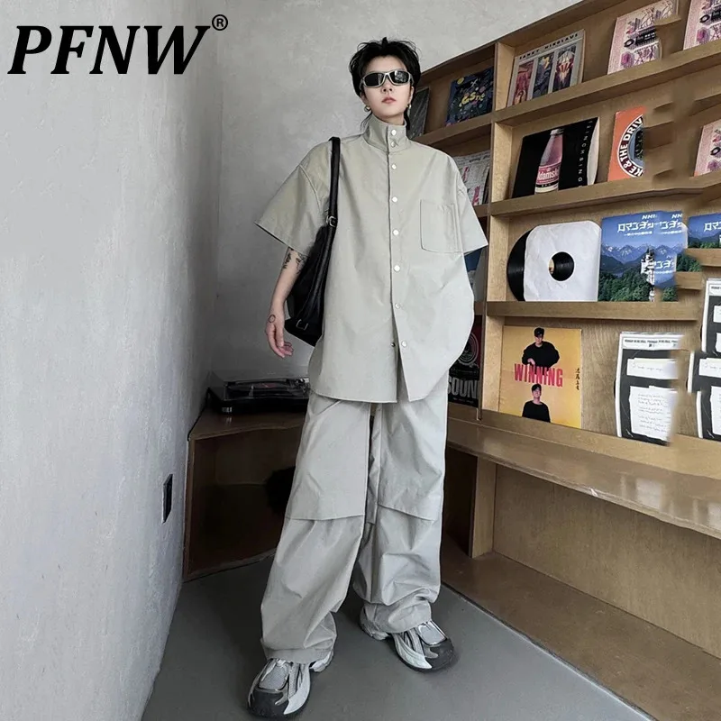 

PFNW Summer Male Short Sleeve Shirt Set Casual Solid Color Baggy Pants Tide Stand Up Neck Single Breasted Versatile Tops 28W3119