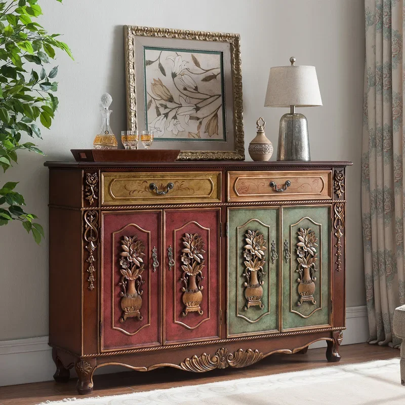 Solid wood relief Ping An shoe cabinet retro hand-painted side cabinet foyer cabinet large capacity storage