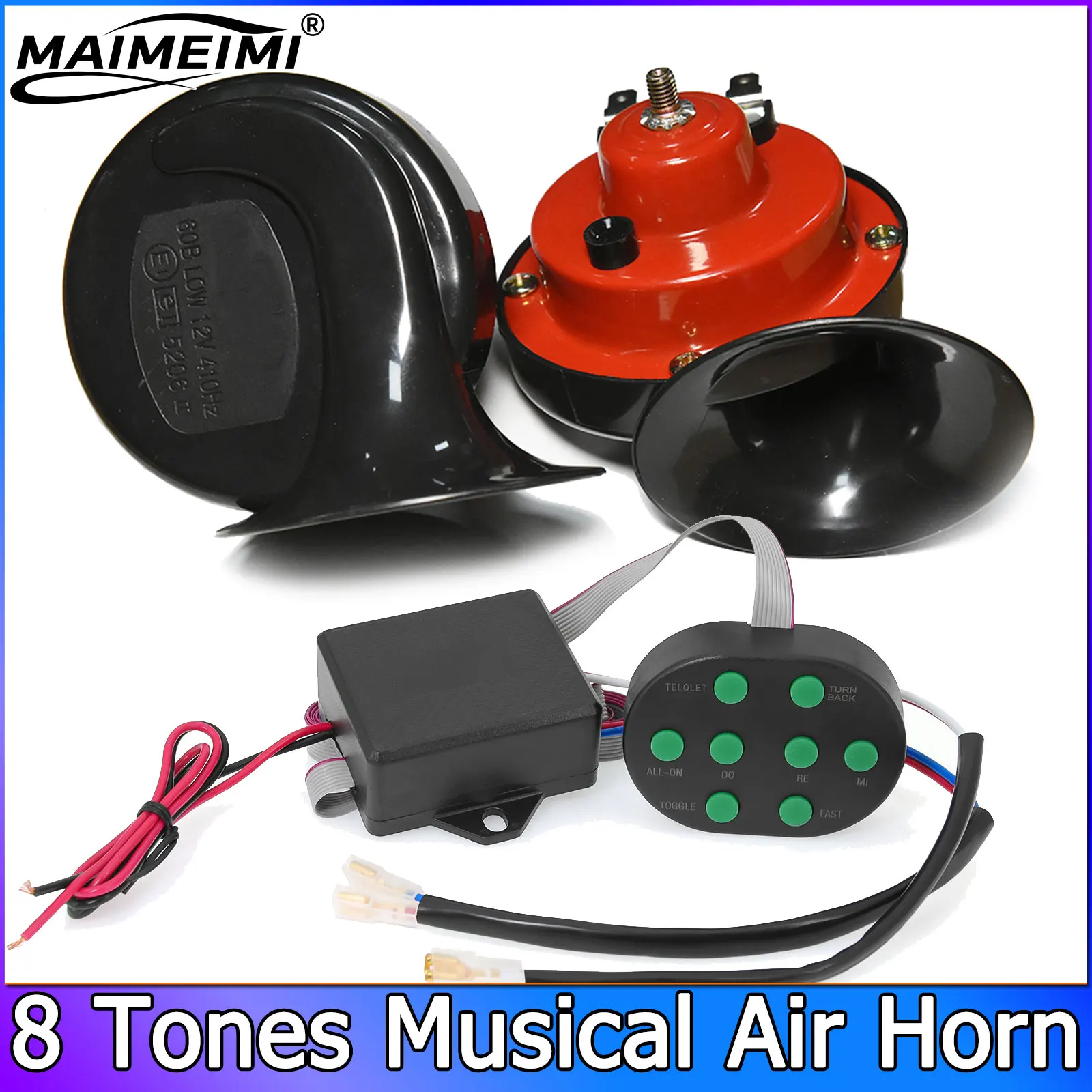 

12V 8 Tones Musical Air Horn With 8 Sounds Control Box Button Universal Electric Snail Horn For Vehicles Motorcycles Car
