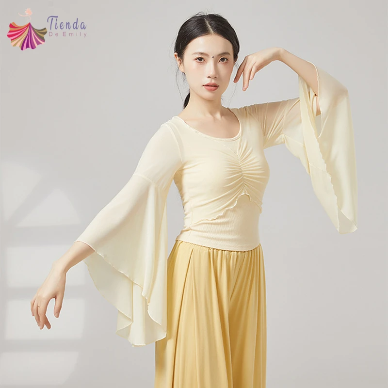 

Классический танцевальный топ, женская рубашка с расклешенными рукавами, сетчатый тренировочный костюм для выступлений, конкурсный костюм, струящаяся китайская народная танцевальная одежда