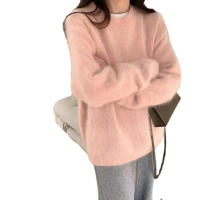 Mint Green Crewneck Imitation Mink Cashmere Sweater Women  Loose Korean Fashion Lazy Style Sweater High-grade Super Soft Jumper