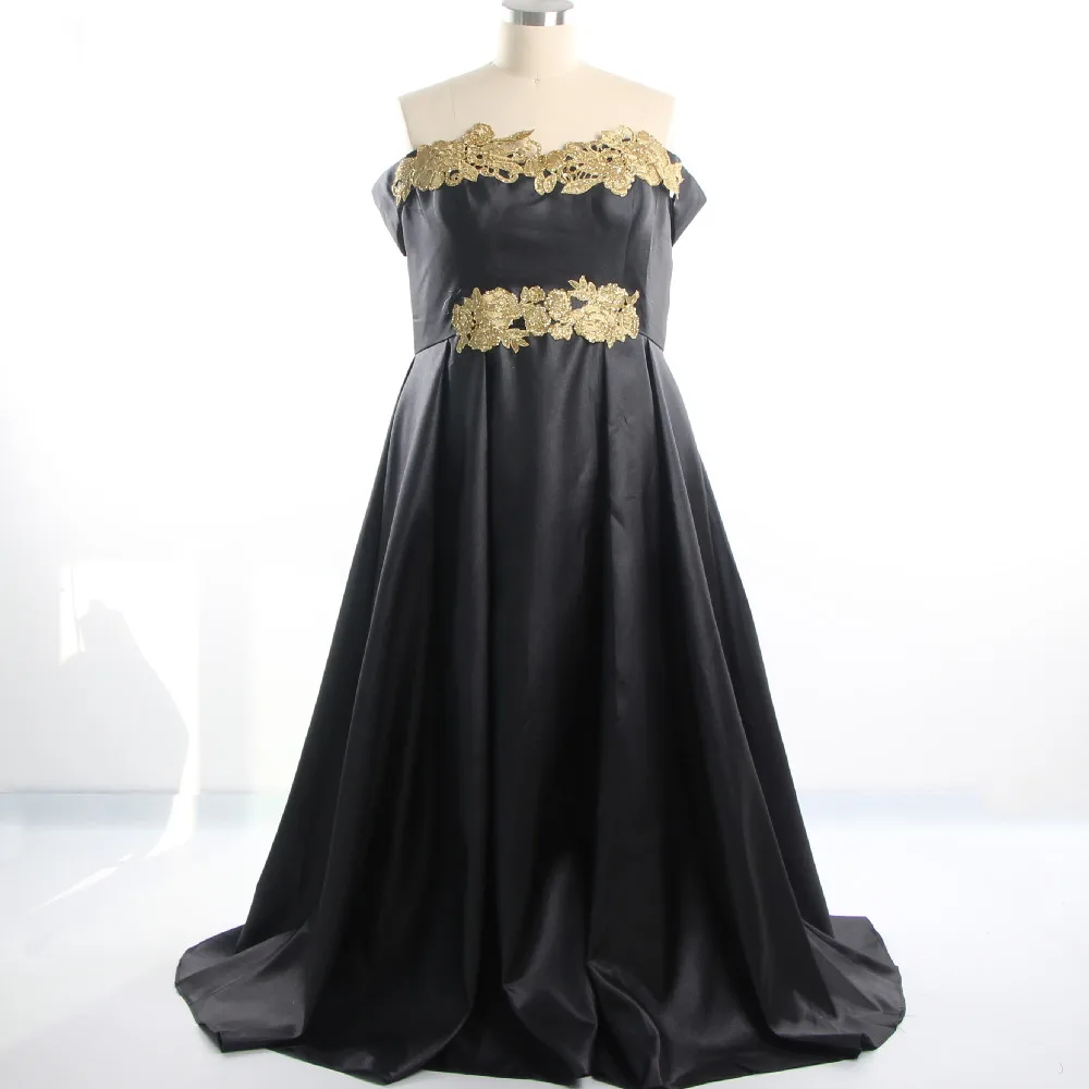 

Evening Dress Black Golden Appliques Boat Neck Short Sleeves A-line Pleat Floor Length Plus size Women Party Dress 2022 R1487