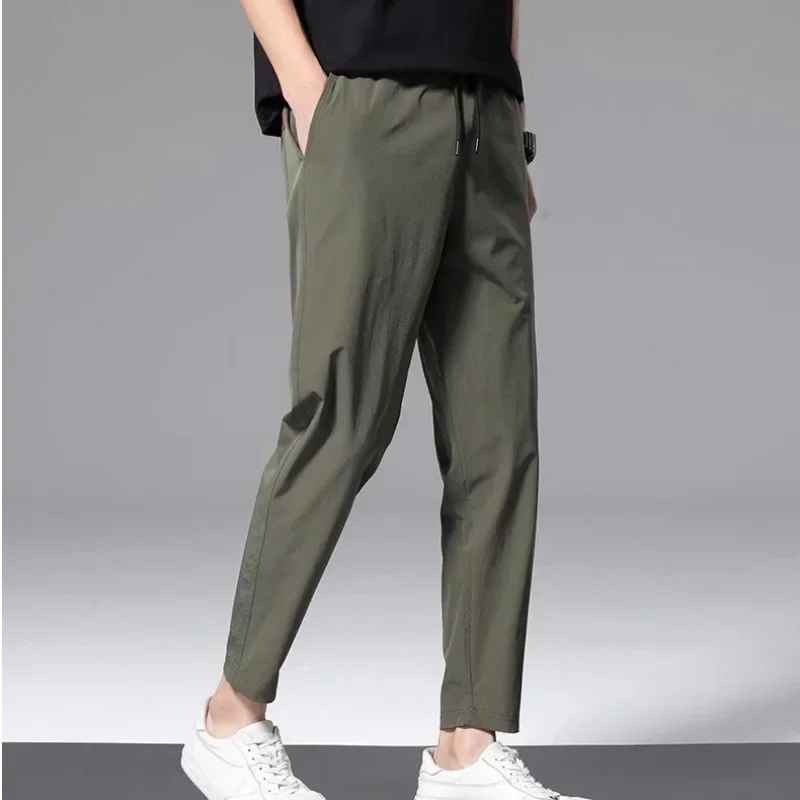 Summer Thin Ice Silk 9 Points Casual Pants Men's Loose-fit Straight-leg Sports Pants 2022 New Style One-piece Delivery