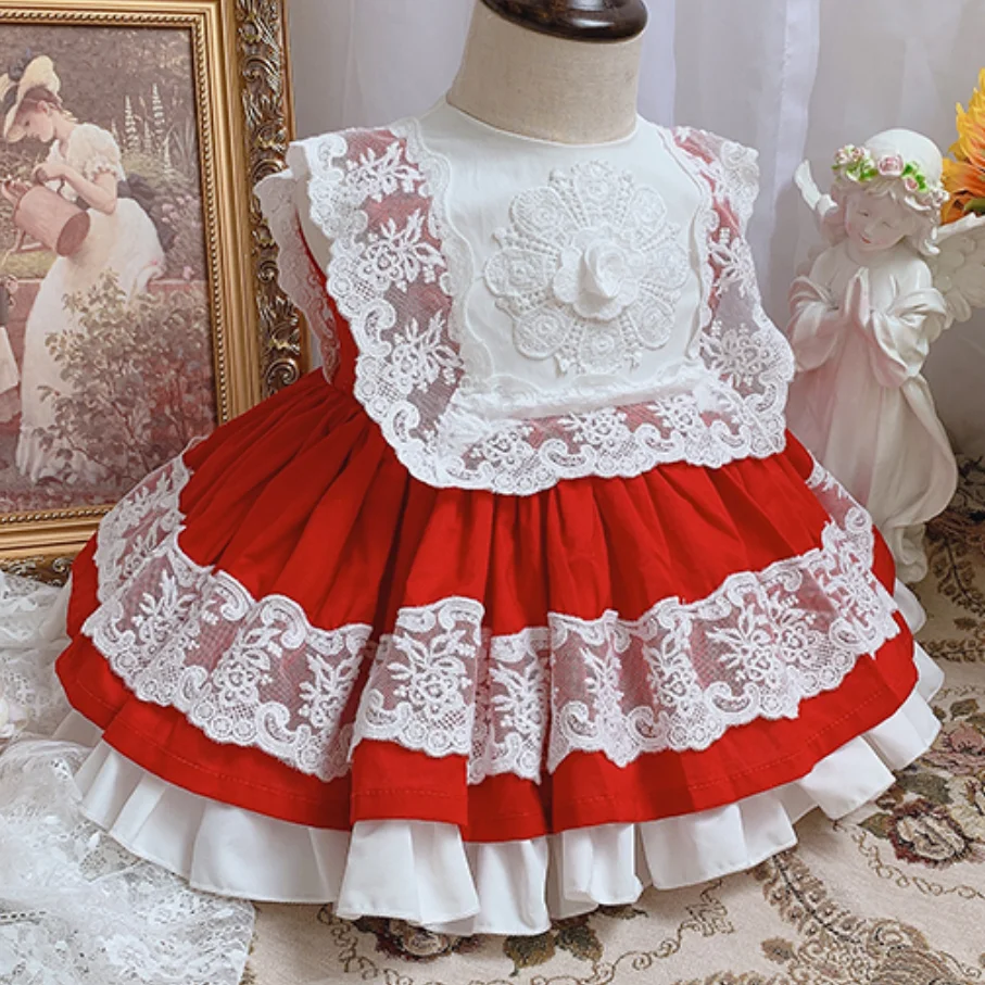 Summer  Spanish Princess Cute Red Lace Ball Gown Dress For Bady Girls Birthday Party Vintage Sleeveless Dress