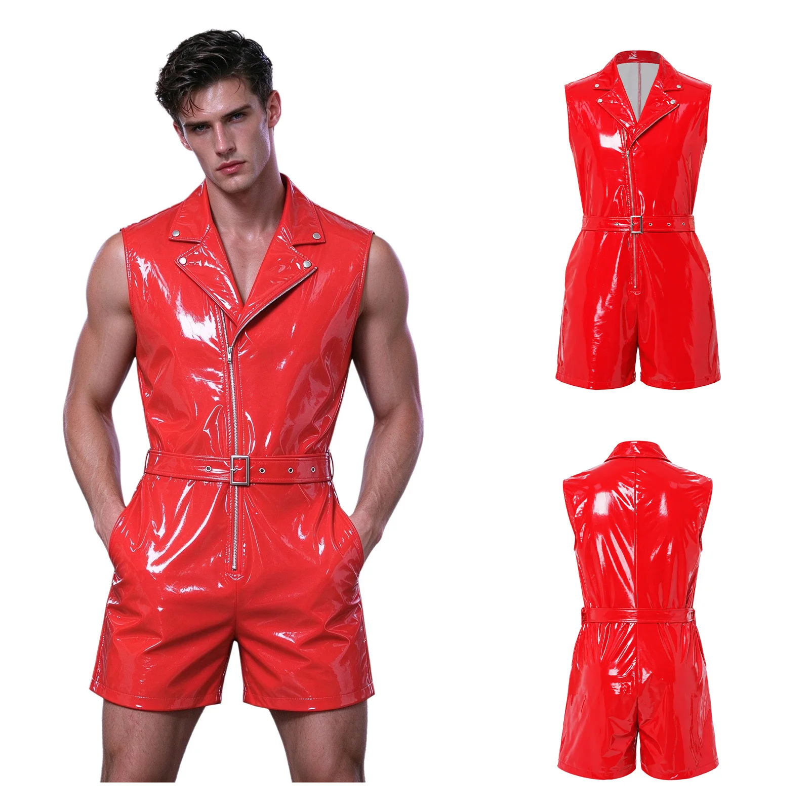 Mens Patent Leather Jumpsuit Romper Sleeveless Bodysuit with Adjustable Belt and Pockets for Rave Party Festival Club Night Out