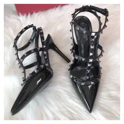 Women Gladiator Heeled Sandals Summer Luxury Brand Ankle Strap Fashion Designer Slingbacks Rivets High Heels Ladies Shoes Women