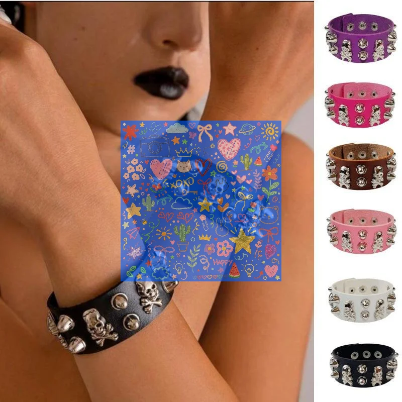 1Pcs Punk Gothic Skull Bracelet Chains Metal Spikes Rivet PU Leather Wristband Cuff Bangle Wide Cuff Bracelet Women Men Jewelry