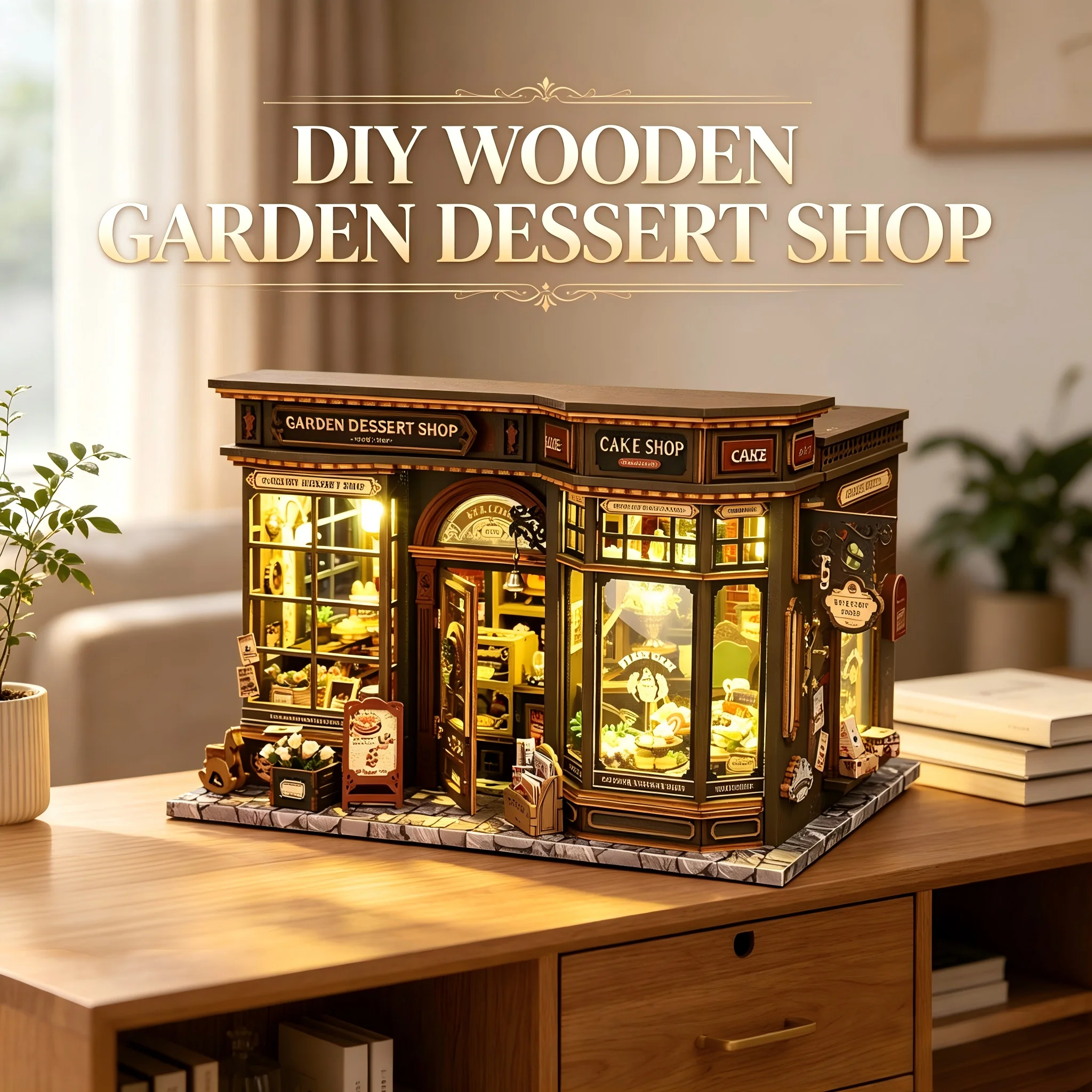 DIY Wooden Cottage Garden Bakery Miniature Kit 3D Puzzle Doll House with LED Light Assembly Model Desktop Decor Gifts for Adults