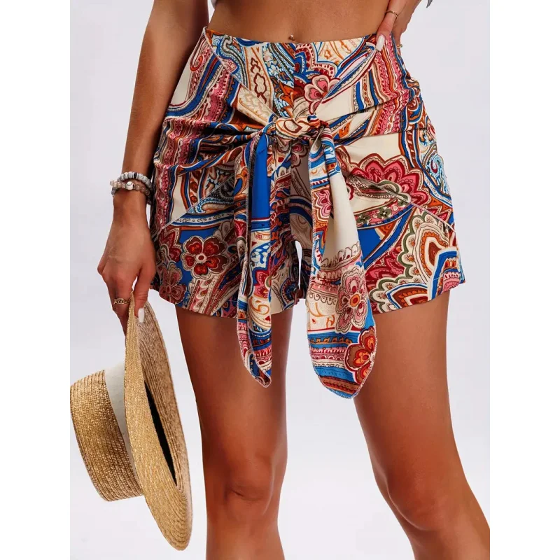 2026 Summer New Boho Paisley Print Wrap Skort High Waist Tie Front Scarf Hem Casual Beach Shorts for Woman Clothes