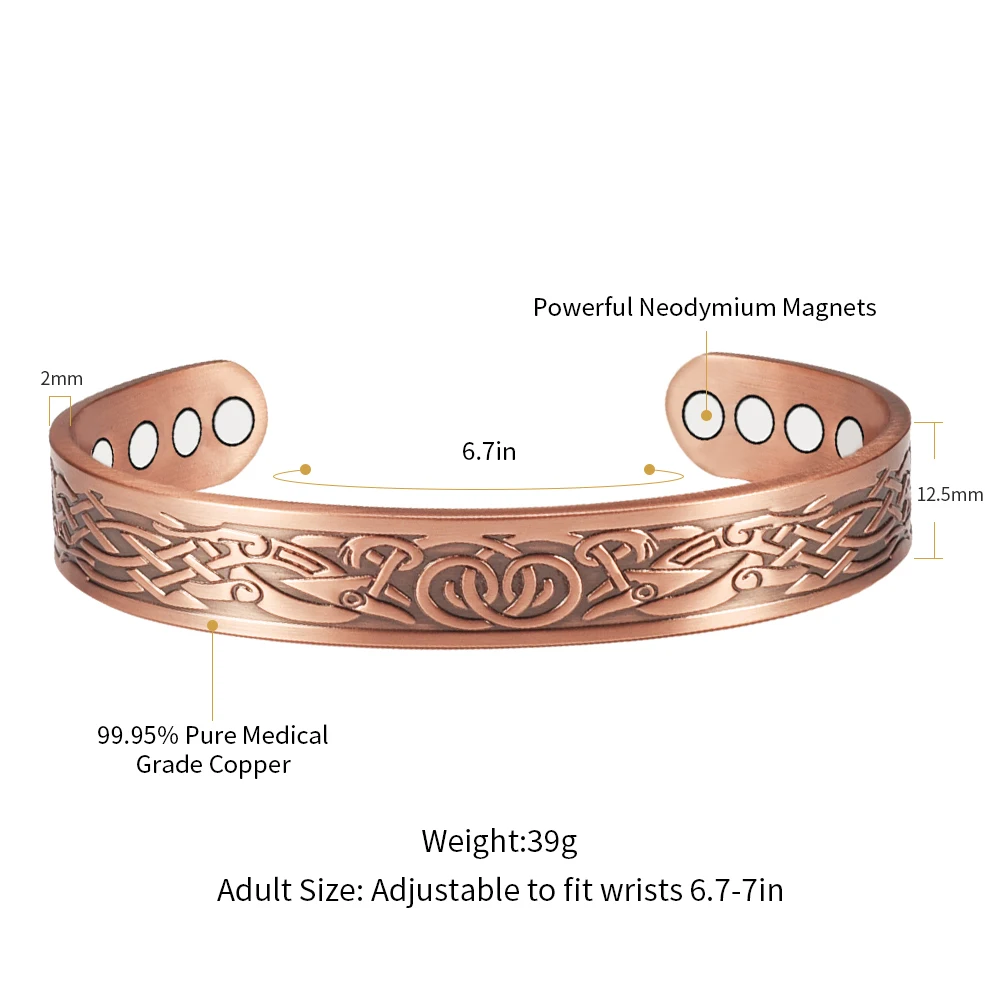 Wollet Pure Copper Bracelets for Women Men, Celtic Magnetic Bangle with Magnets Jewelry 6.5''