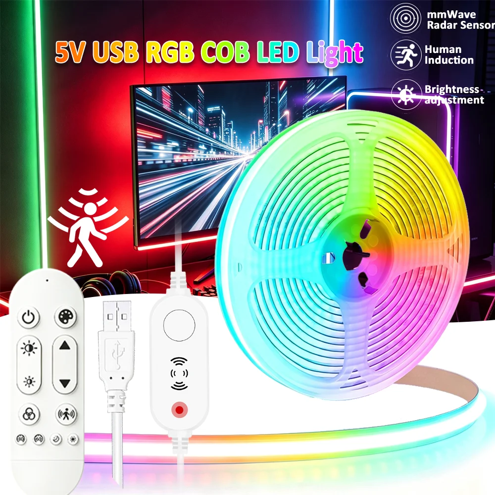 USB 5V RGB COB LED Strip Light Radar Sensor Human Induction 2.4G RF Remote Control Dimmable Flexible Ribbon Room Cabinets Decor
