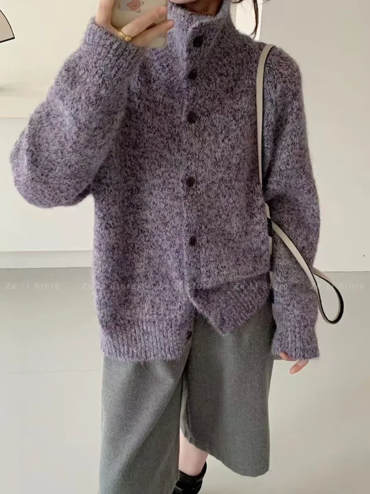 Lazy Retro Variegated Flower Thread Turtleneck Sweater Jacket Women's New Loose Single-breasted Lapel Knitted Cardigan