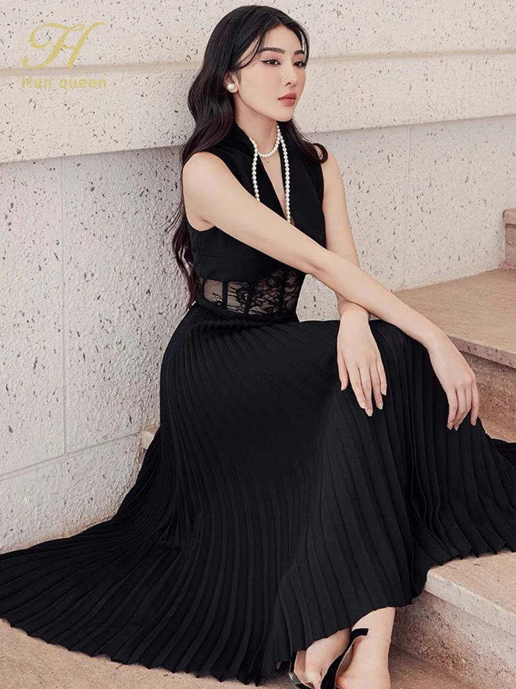 H Han Queen Elegant Lace Splicing Long Women's Summer Sheath Office Party Dresses Occupation Work A-Line Sheer Pleated Vestidos