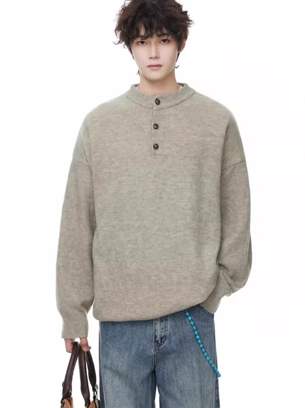 

Мужской вязаный свитер в стиле ретро в американском стиле с воротником Генри, свободное теплое осенне-зимнее новое поступление, пальто из пряжи для внутренней одежды