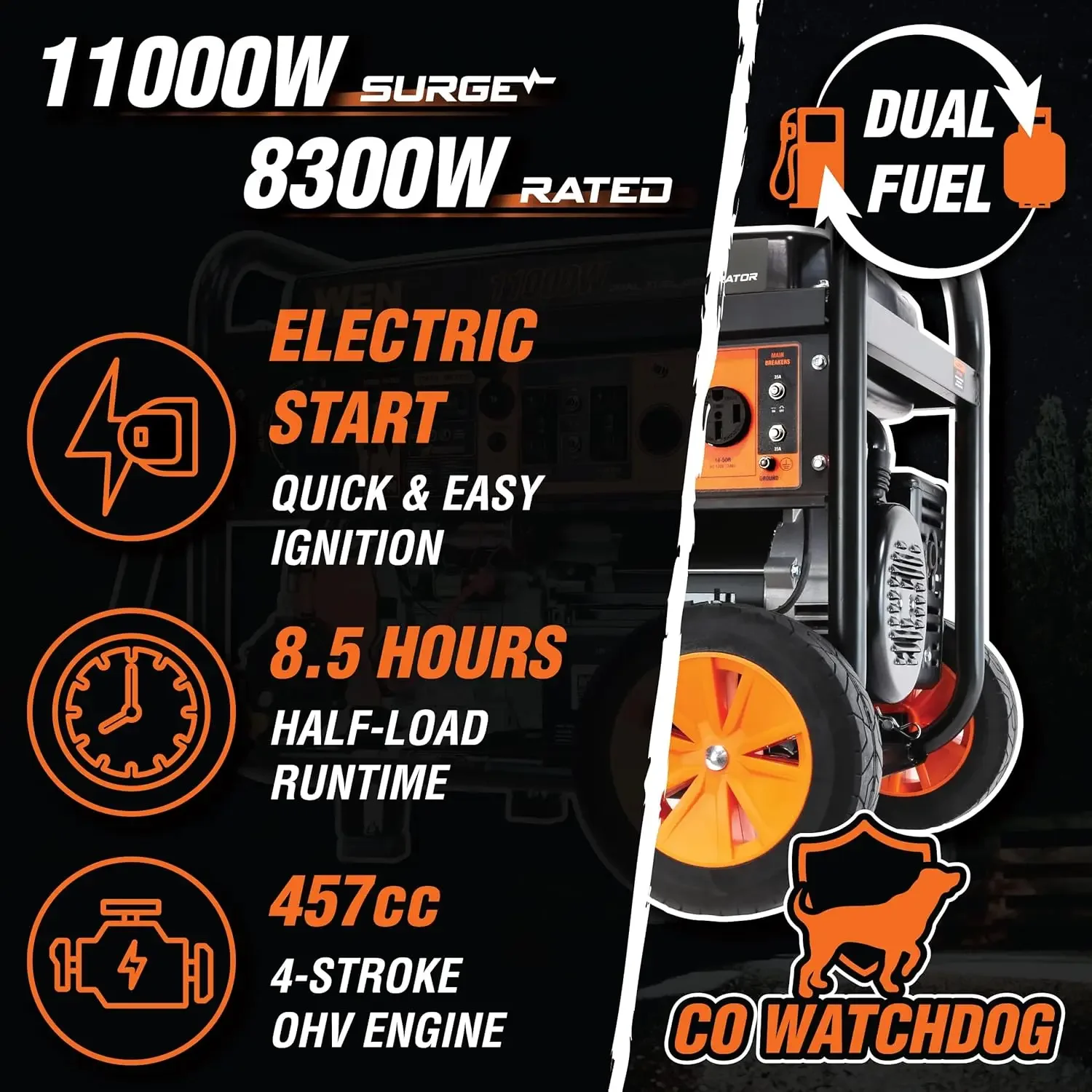 الأكثر مبيعًا DF1100X 11000 واط مولد كهربائي محمول مع مجموعة عجلات ومستشعر إيقاف التشغيل CO، أسود