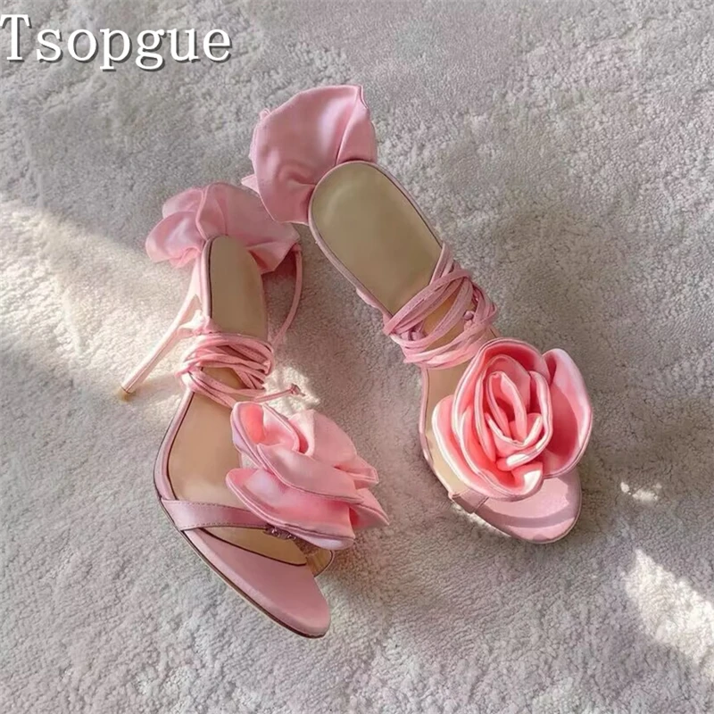 

Women New Silk Rose Decor Sandals Round Open Toe Ankle Strap Thin High Heels Bride Wedding Party Stiletto Shoes