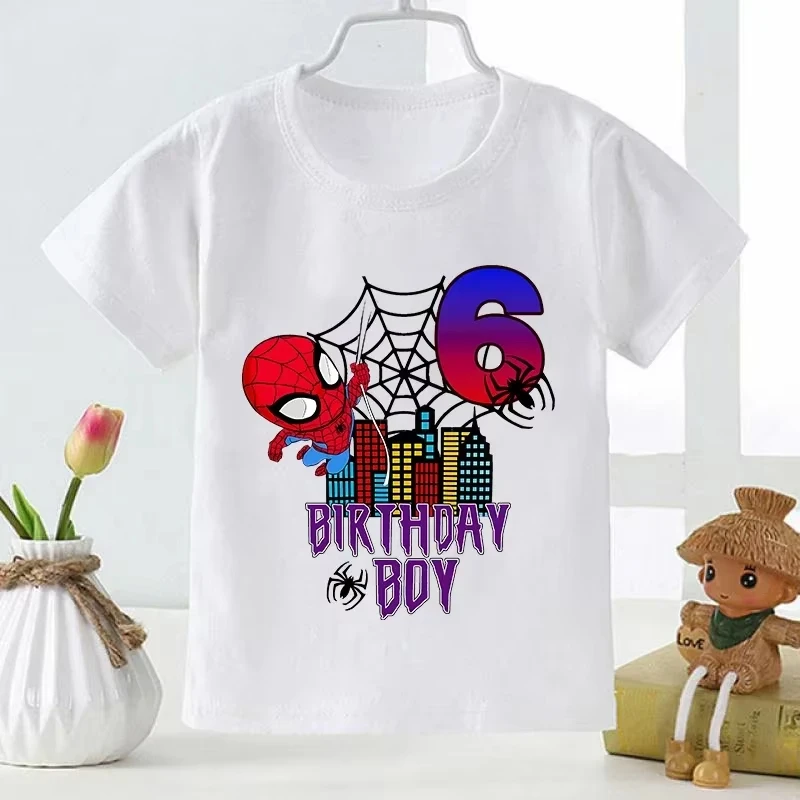 

Детская футболка Marvel Summer из 100% хлопка, мягкая и удобная ткань, принт с изображением Человека-паука, тематический принт на день рождения, подходит для вечеринок по случаю дня рождения